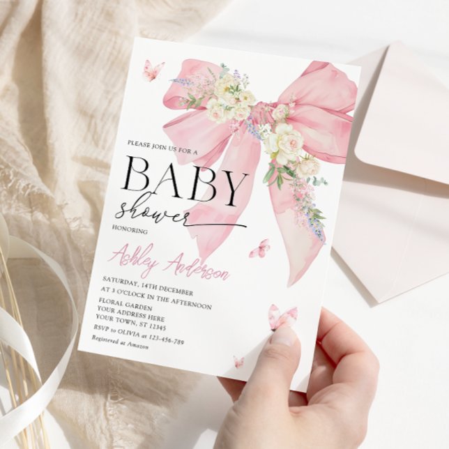 Watercolor Pink Bow and Floral Baby Shower Invitation (Creator Uploaded)