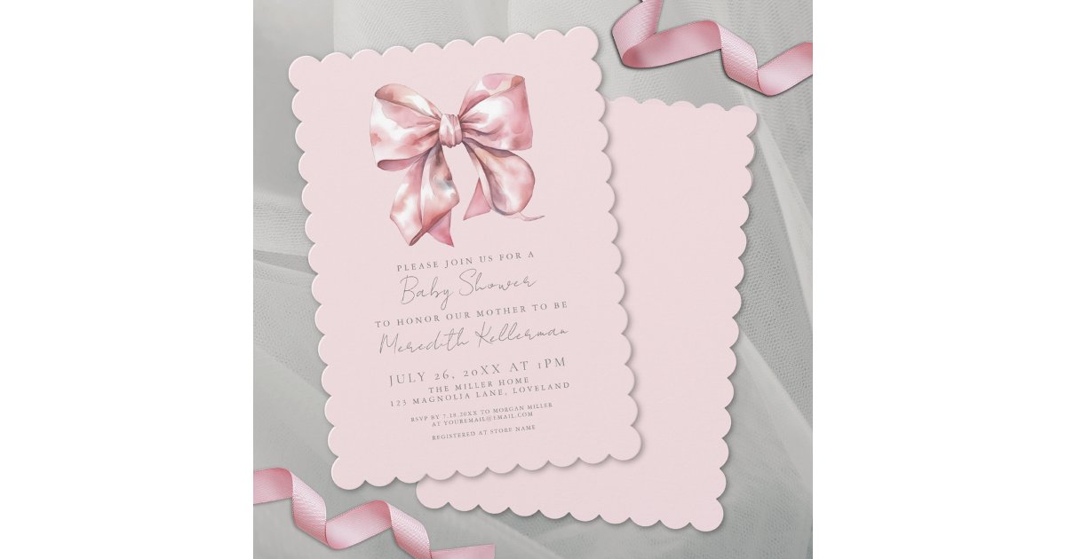 Watercolor Pink Bow Baby Shower Girl Invitation | Zazzle