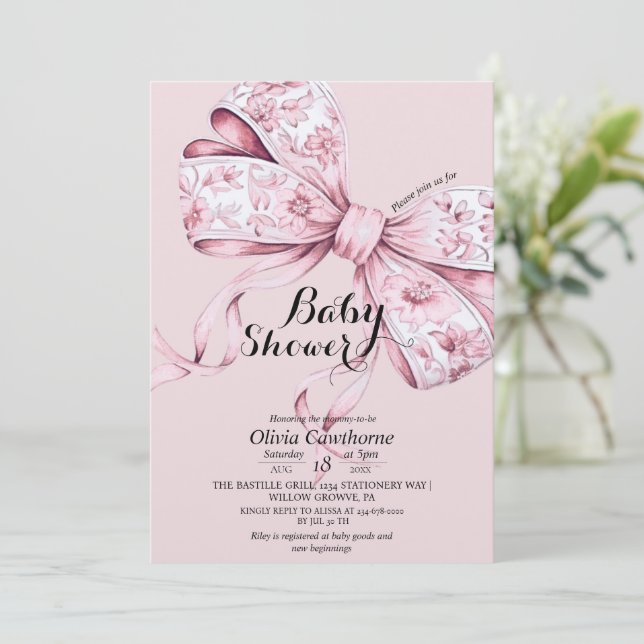 Watercolor Pink Bow Baby Shower Invitation (Standing Front)