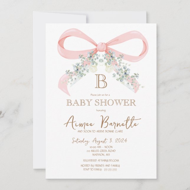 Watercolor Pink Bow Baby Shower Invitation (Front)