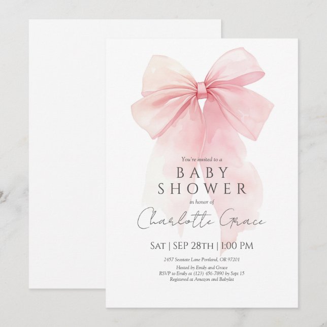 Watercolor Pink Bow Baby Shower Invitation (Front/Back)
