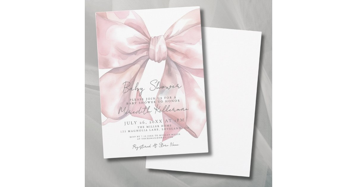 Watercolor Pink Bow Baby Shower Invitation | Zazzle