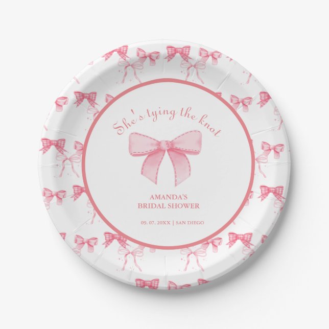 Watercolor Pink Bow Bachelorette Party Paper Plates (Front)