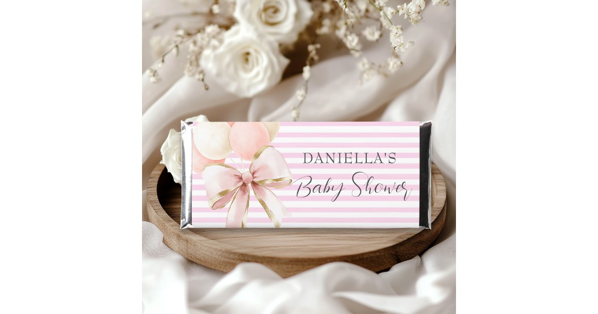 Watercolor Pink Bow Balloons Baby Shower Girl Hershey Bar Favors | Zazzle
