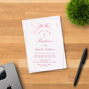 Watercolor Pink Bow Baptism Acrylic Invitations