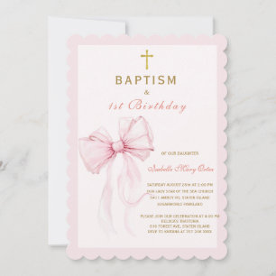  Watercolor Pink Bow Baptism and Birthday Invitation