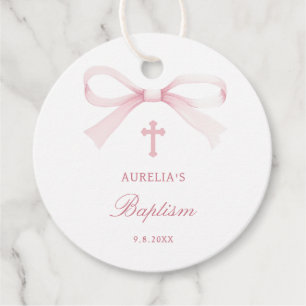 Watercolor Pink Bow Baptism Favor Tags