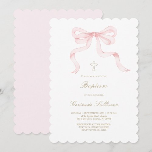 watercolor pink bow | Baptism girl Invitation
