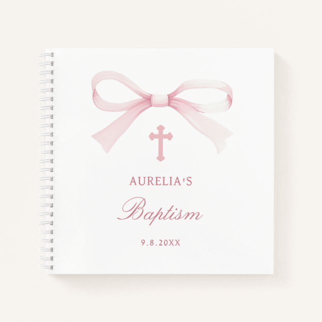 Watercolor Pink Bow Baptism Guest Book (Front)