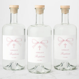 Watercolor Pink Bow Baptism Liquor Bottle Label