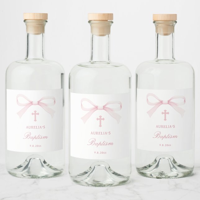 Watercolor Pink Bow Baptism Liquor Bottle Label (Bottles)