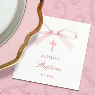 Watercolor Pink Bow Baptism Napkins