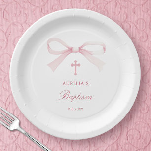 Watercolor Pink Bow Baptism Paper Plates