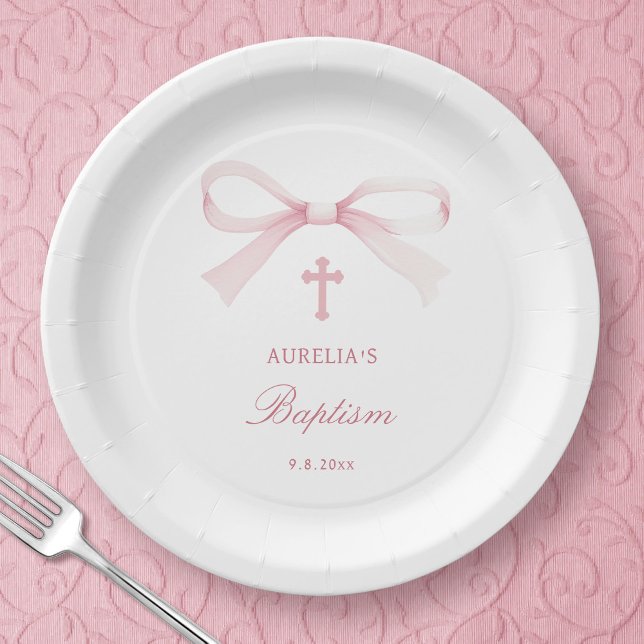 Watercolor Pink Bow Baptism Paper Plates (Creator Uploaded)