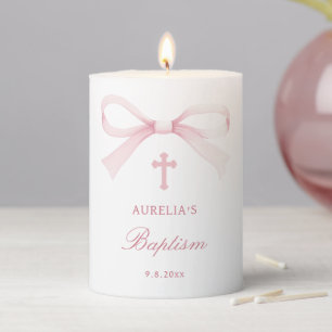 Watercolor Pink Bow Baptism Pillar Candle