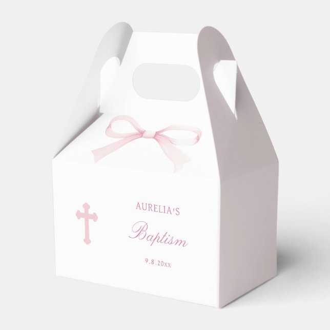 Watercolor Pink Bow Baptism Small Gable Favor Boxes (Front Side)