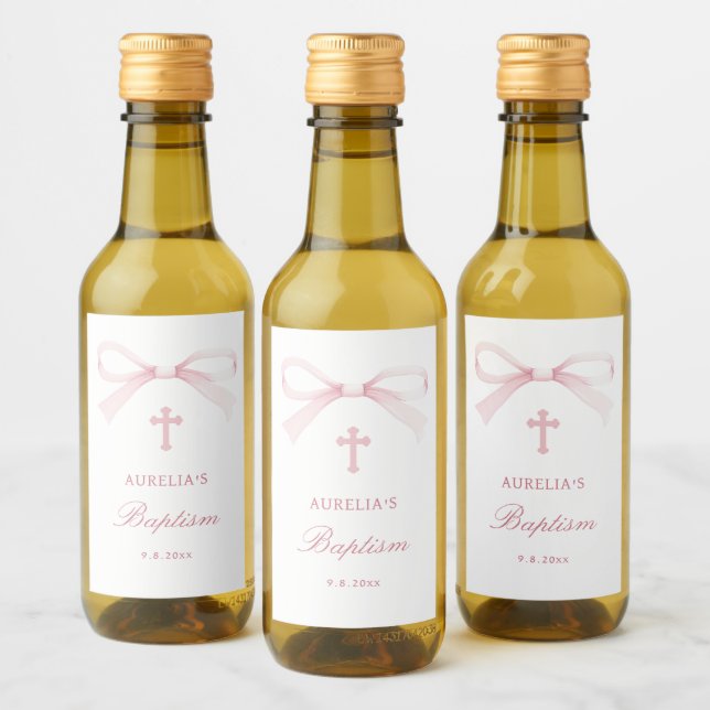 Watercolor Pink Bow Baptism Small Wine Label (Bottles)