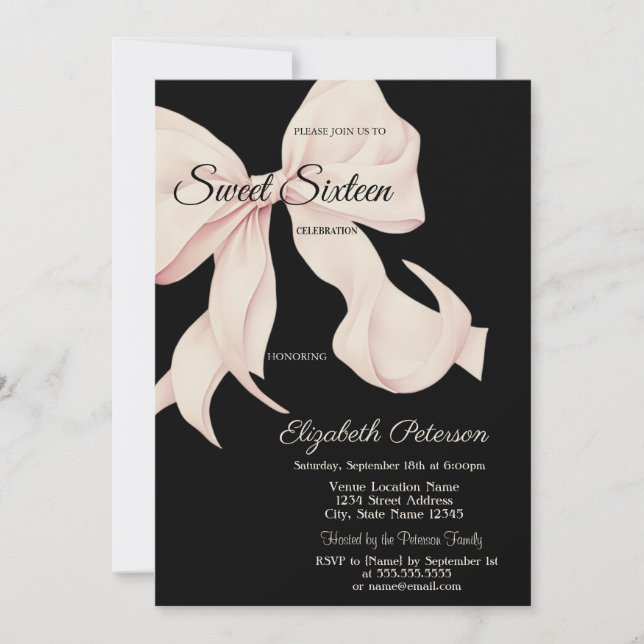 Watercolor Pink Bow Black Sweet 16 Invitation (Front)