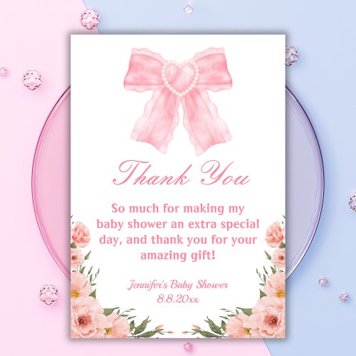 watercolor pink bow botanical girl baby shower  thank you card