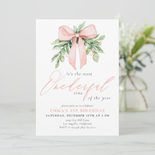 Watercolor Pink Bow Christmas Birthday Invitation