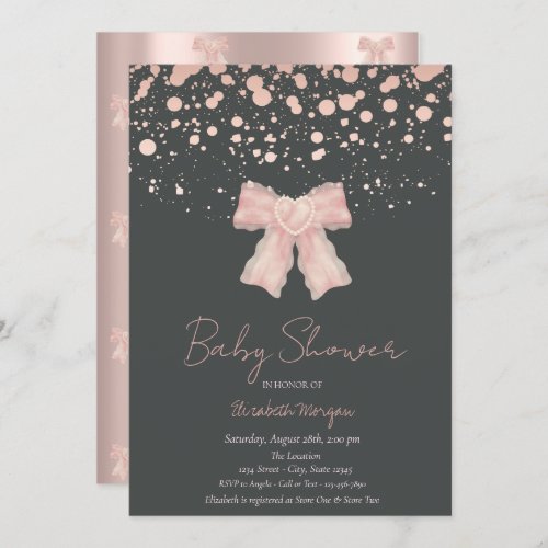 Watercolor Pink Bow Confetti Rose Gold Baby Shower Invitation