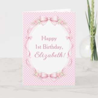 Watercolor Pink Bow Coquette 1st Birthday Greeting Card