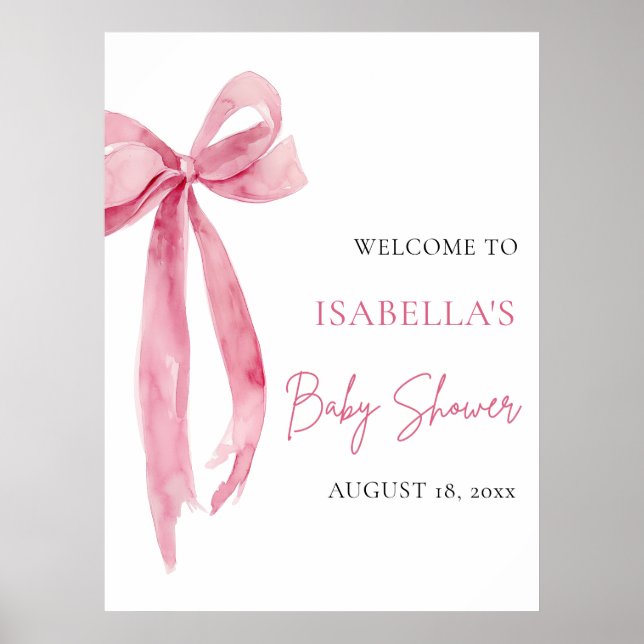 Watercolor Pink Bow Coquette Baby Shower Welcome Poster (Front)