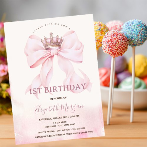 Watercolor Pink Bow Crown 1st Birthday Invitation