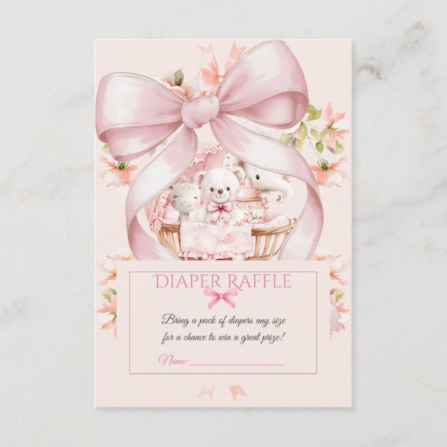 Watercolor Pink Bow Diaper Raffle Ticket Enclosure Card (Front)
