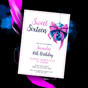 Watercolor Pink Bow Disco Ball Sweet 16 Birthday Invitation