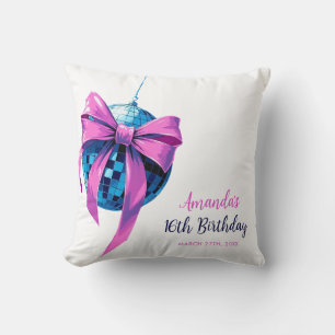 Watercolor Pink Bow Disco Ball Sweet 16 Birthday Throw Pillow