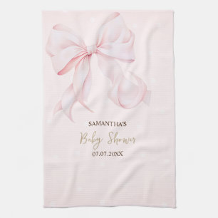 Watercolor Pink Bow Dots Baby Shower Kitchen Towel