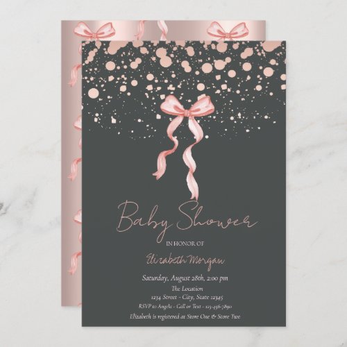 Watercolor Pink Bow Dots Rose Gold Baby Shower Invitation