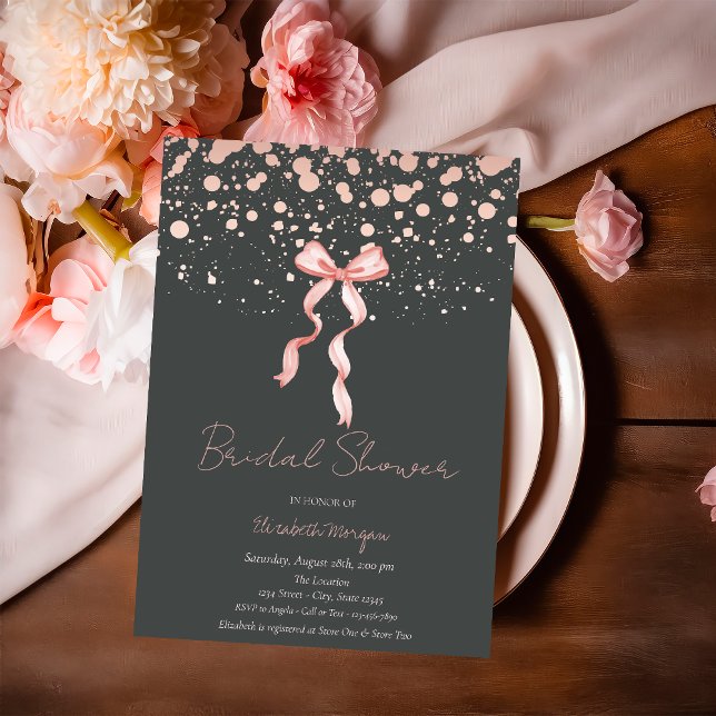 Watercolor Pink Bow Dots Rose Gold Bridal Shower Invitation (Creator Uploaded)