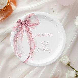 Watercolor Pink Bow First Birthday Girl Paper Plates