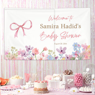 Watercolor Pink Bow Floral Girl baby shower Banner