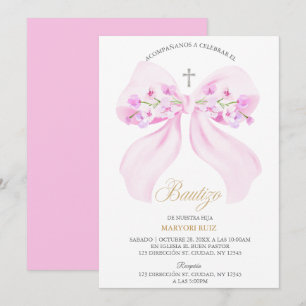 Watercolor Pink Bow Floral Girl Baptism Invitation