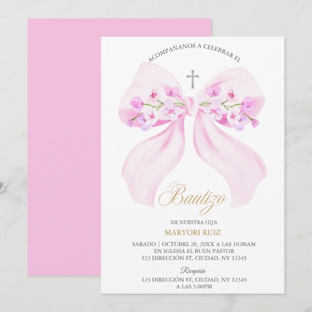 Watercolor Pink Bow Floral Girl Baptism Invitation (Front/Back)