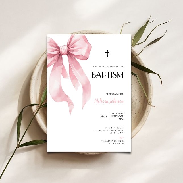 Watercolor Pink Bow for Girls Baptism Invitation (watercolor pink bow baptism invitation)