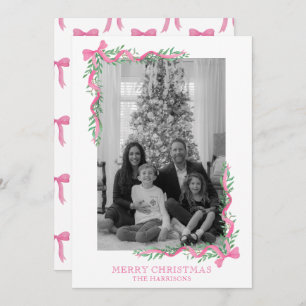 Watercolor Pink Bow Garland Photo Holiday Card