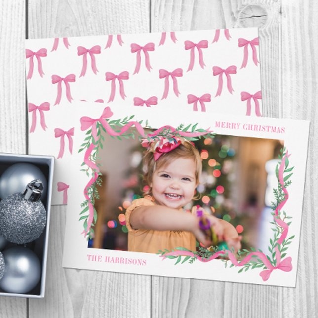 Watercolor Pink Bow Garland Photo Holiday Card (Creator Uploaded)