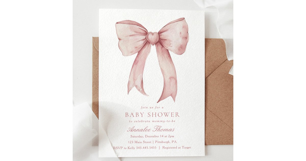 Watercolor Pink Bow Girl Baby Shower Invitation | Zazzle