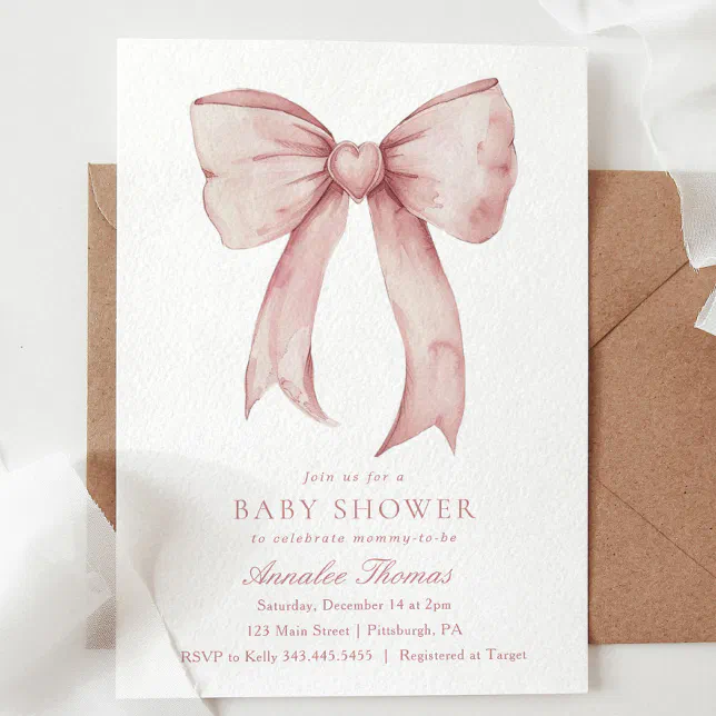 Watercolor Pink Bow Girl Baby Shower Invitation | Zazzle