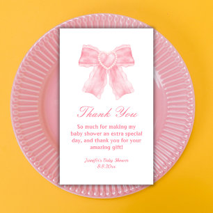 watercolor pink bow girl baby shower thank you note card