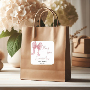 Watercolor Pink Bow Girl Baby Shower Thank You Square Sticker