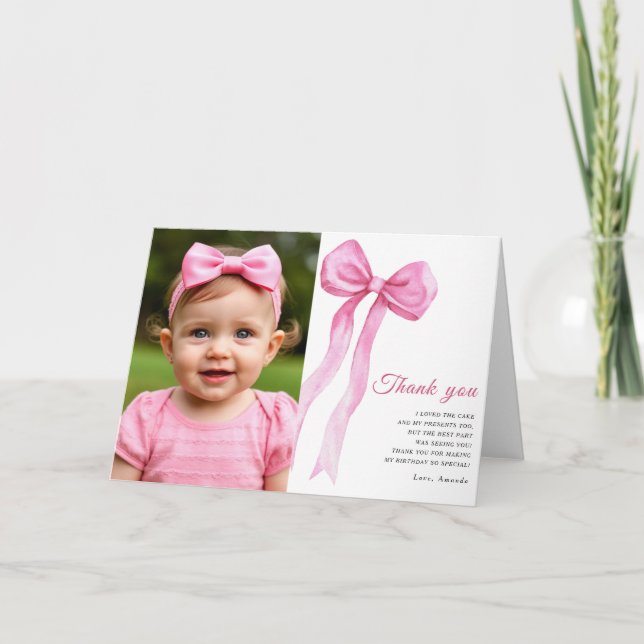 Watercolor pink bow girl birthday party thank you card (Front)