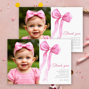 Watercolor pink bow girl birthday party thank you card