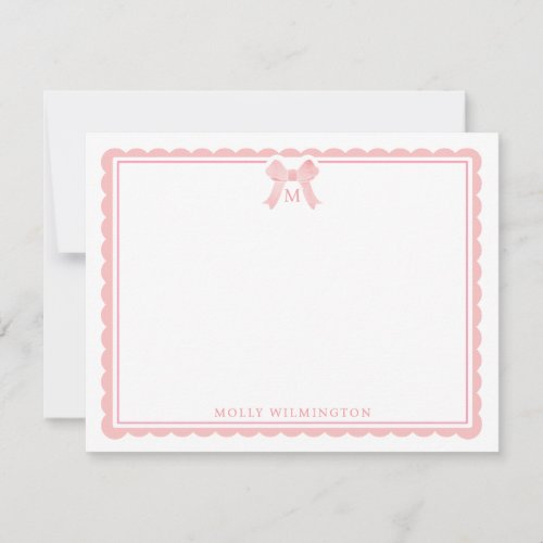 Watercolor Pink Bow Girly Preppy Monogram Note Card