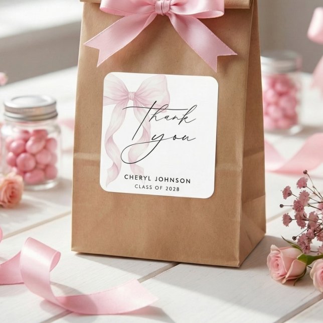 Watercolor Pink Bow Graduation Thank You Square Sticker (Creator Uploaded)