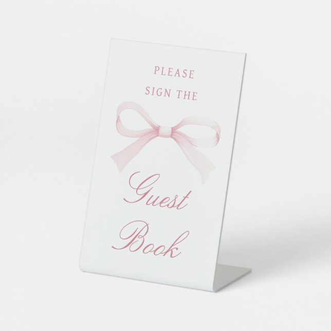 Watercolor Pink Bow Guest Book Pedestal Sign (Front)